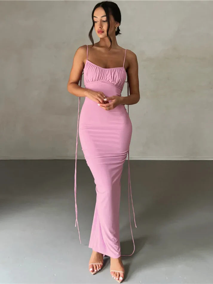Model wearing Elli Maxi Dress – sleek stretch sheath summer maxi dress by Vespera  The Label.
