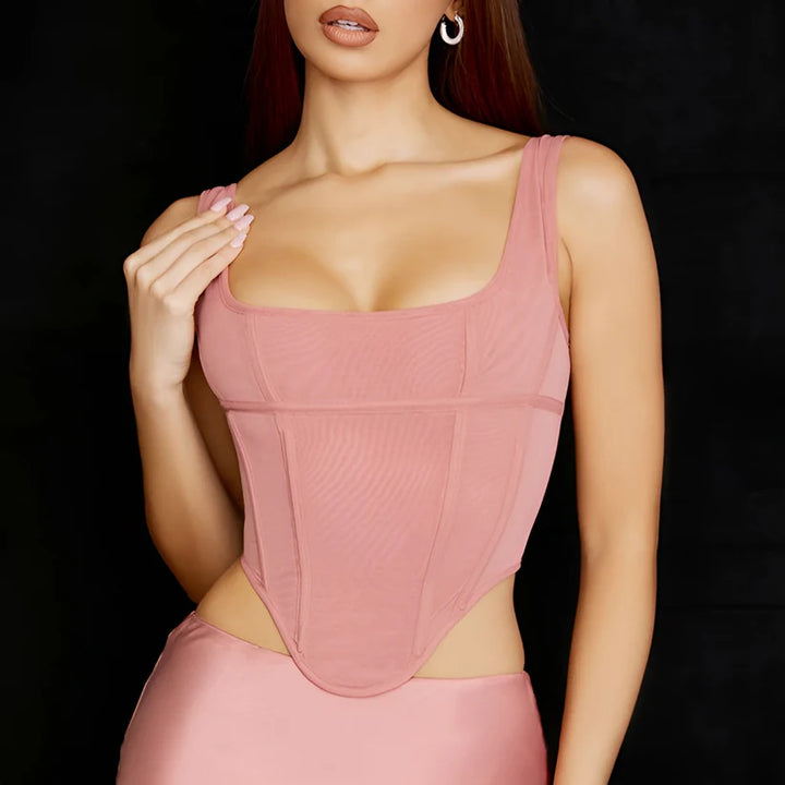 Model wearing Glory Top – cut-out slim summer crop top with stretch for club looks by Vespera The Label.