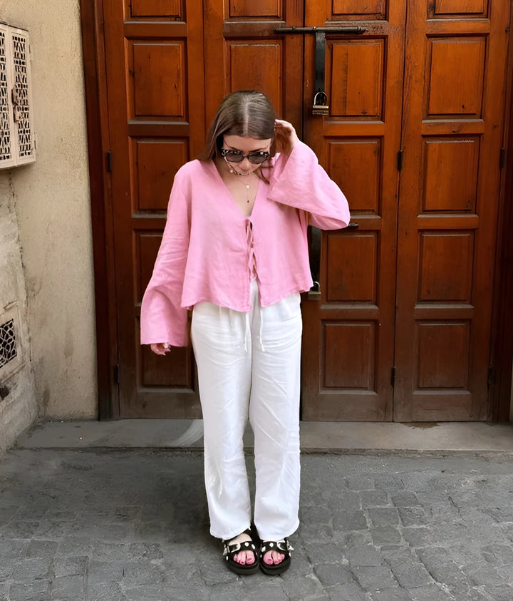 Model wearing Jaque Top – relaxed cotton chiffon blouse with a loose fit for summer by Vespera The Label.