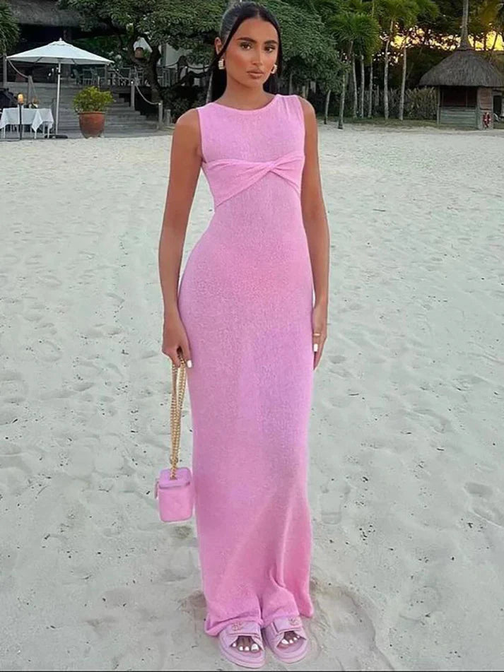 Model wearing Niana Maxi Dress – summer beach-style maxi dress with straight silhouette by Vespera The Label.