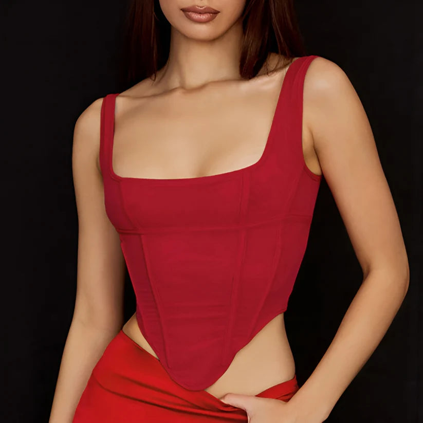 Model wearing Glory Top – cut-out slim summer crop top with stretch for club looks by Vespera The Label.