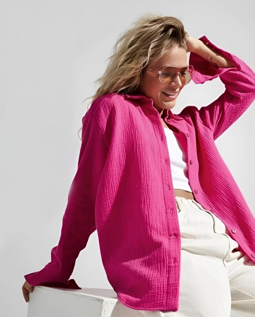 Model wearing Lilia Long Sleeve Top – relaxed cotton long sleeve top in soft natural fabric by Vespera The Label.