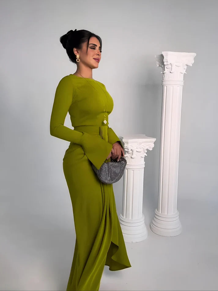Model wearing Rosie Longsleeve Maxi Dress – soft cotton-blend A-line maxi for casual elegance by Vespera The Label.