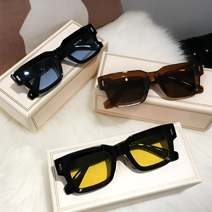 Model wearing Lexie Rectangular Sunglasses – bold cat-eye inspired UV400 fashion sunglasses with plastic frame and acrylic lenses by Vespera The Label