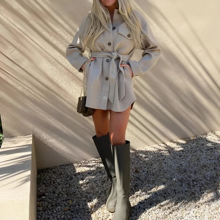 Model wearing Sylvanna Jacket – high-waisted structured polyester outerwear for women by Vespera The Label