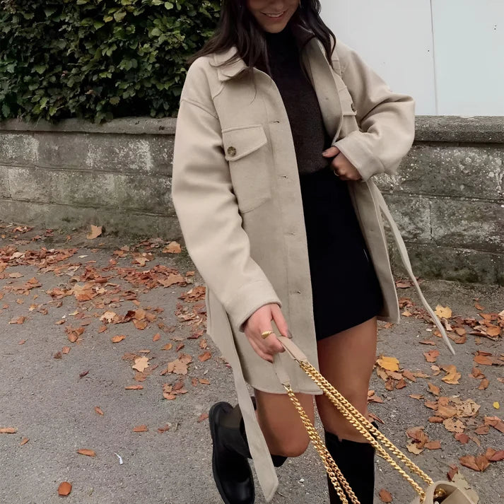 Model wearing Sylvanna Jacket – high-waisted structured polyester outerwear for women by Vespera  The Label