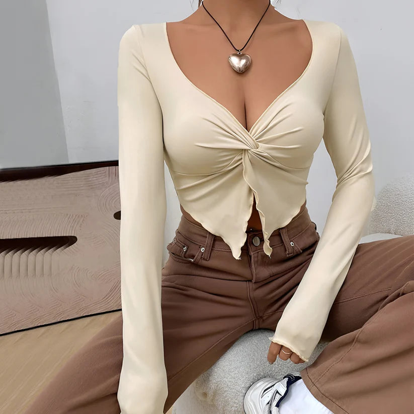 Model wearing Arielle Top – slim-fit regular length casual top for spring/summer by Vespera The Label.