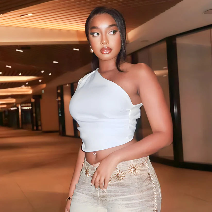 Model wearing Bailey Top – high-stretch everyday casual cropped top by Vespera The Label.