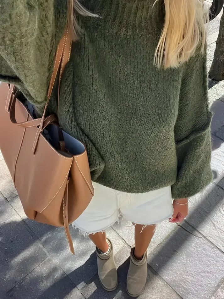 Model wearing Barley Sweater – fitted winter womens sweater with tailored cut and soft stretch, by Vespera The Label