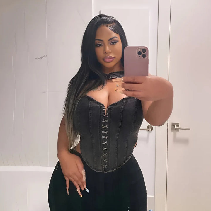Model wearing Miranda Top – sexy black cropped denim top with a fitted silhouette and clubwear edge by Vespera The Label.