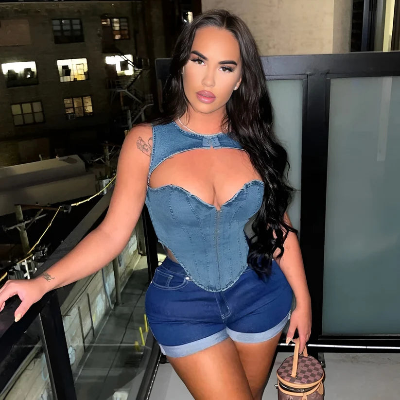 Model wearing Miranda Top – sexy black cropped denim top with a fitted silhouette and clubwear edge by Vespera The Label.