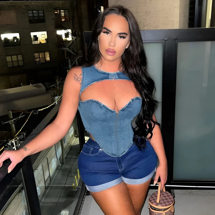 Model wearing Miranda Top – sexy black cropped denim top with a fitted silhouette and clubwear edge by Vespera The Label.