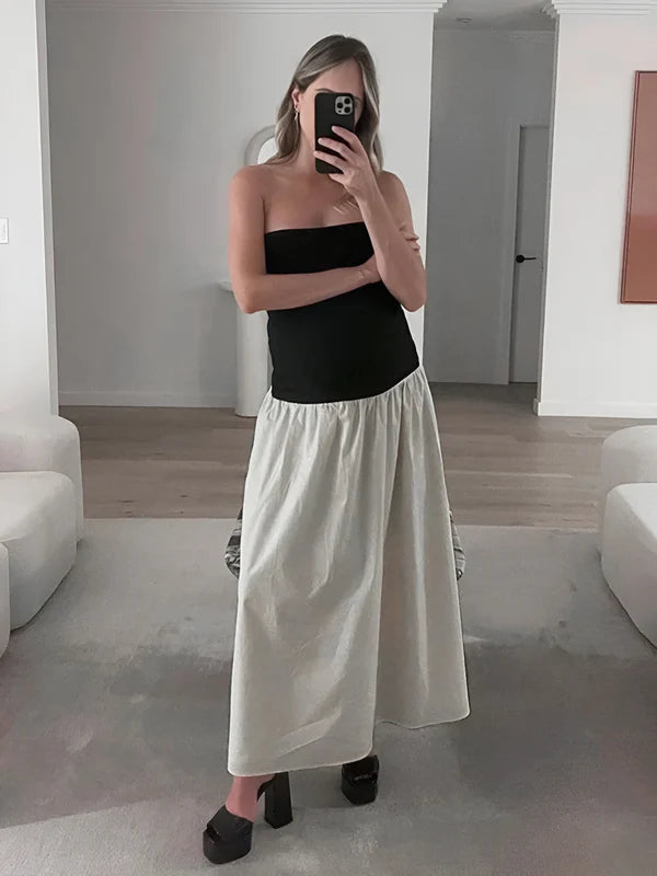 Model wearing Burkley Skirt – ankle-length patchwork A-line party skirt, by Vespera The Label