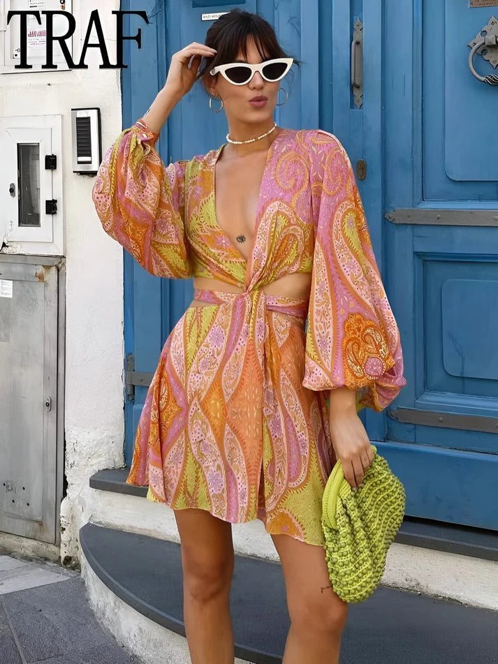 Model wearing Eureka Mini Dress – casual printed summer mini dress with a flowy A-line fit by Vespera The Label.