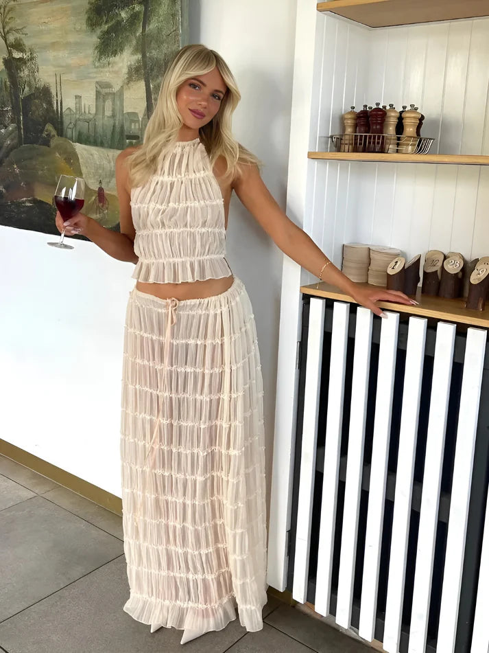Model wearing Isabella Co-Ord Set – relaxed fit crop top and full-length summer skirt, minimalist solid style by Vespera The Label