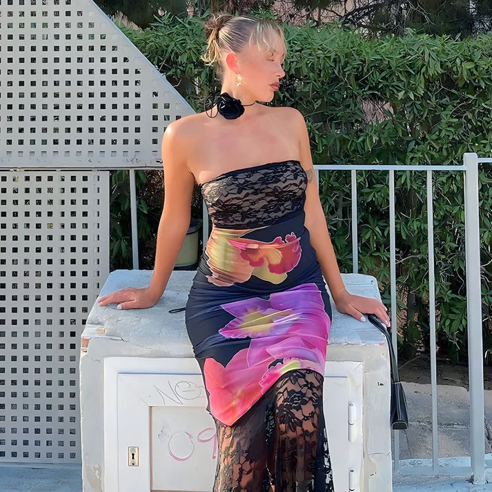 Model wearing Ishna Maxi Dress – fitted patchwork mermaid silhouette dress by Vespera The Label.