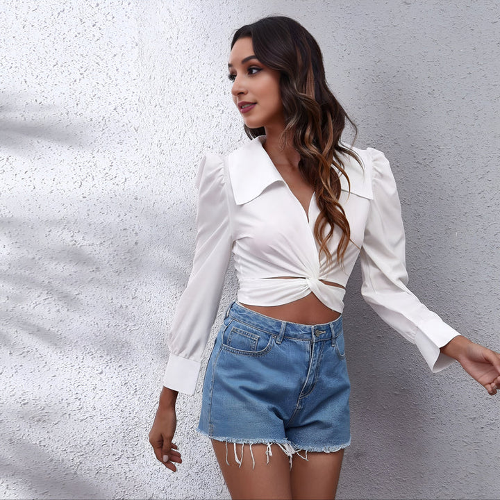 Model wearing Karelle Longsleeve Top – slim fit chiffon long sleeve top with a clean casual style by Vespera The Label.