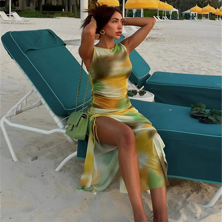 Model wearing Patricia Maxi Dress – minimalist full-length maxi dress in elegant solid tone by Vespera The Label.