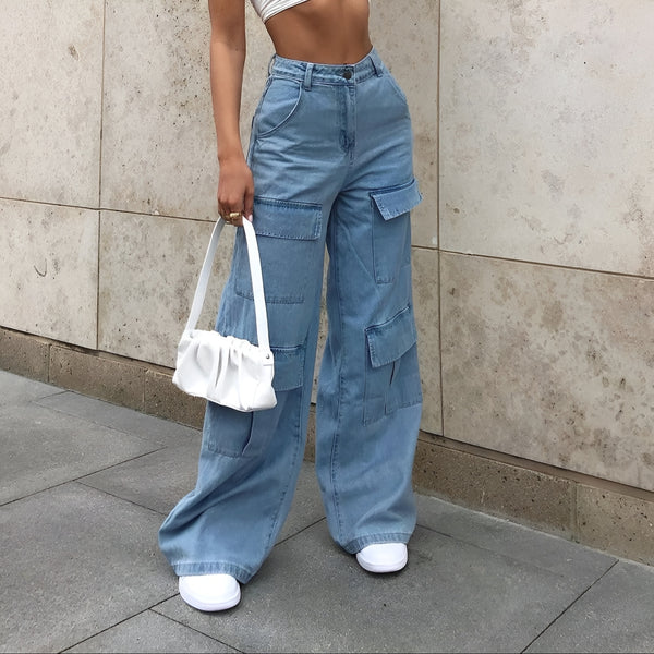 Model wearing Reema Denim Pants – ankle-length wide-leg mid-rise trousers with clean high street style, by Vespera The Label
