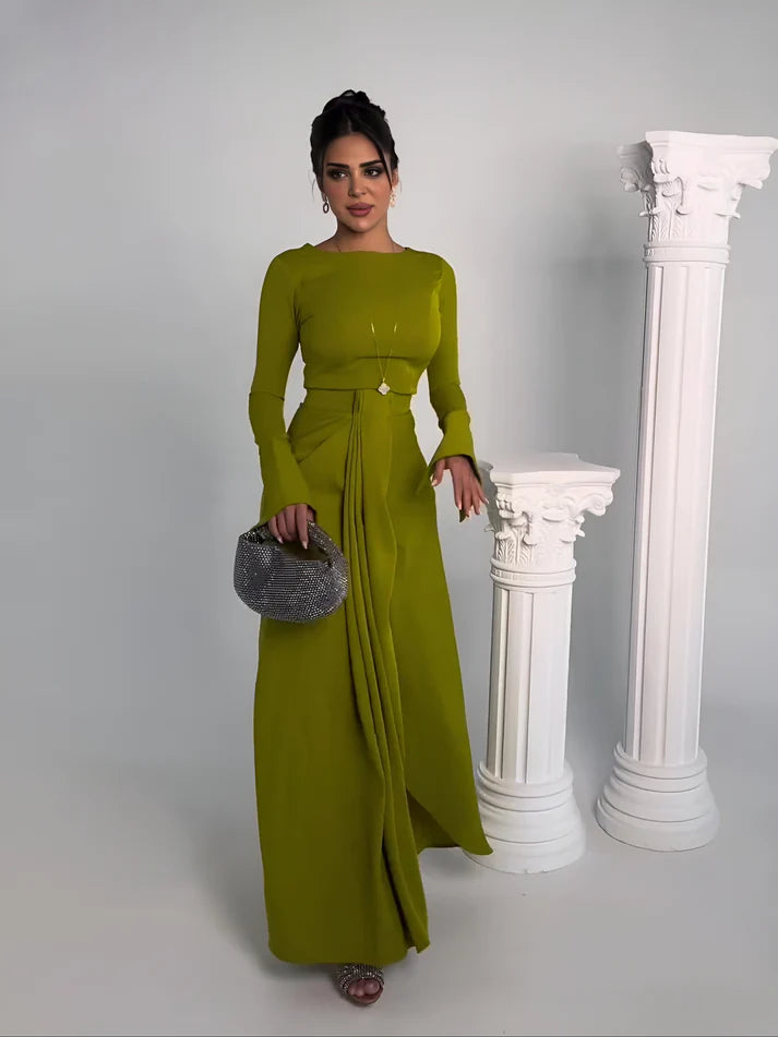 Model wearing Rosie Longsleeve Maxi Dress – soft cotton-blend A-line maxi for casual elegance by Vespera The Label.