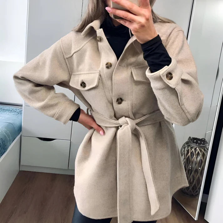 Model wearing Sylvanna Jacket – high-waisted structured polyester outerwear for women by Vespera The Label