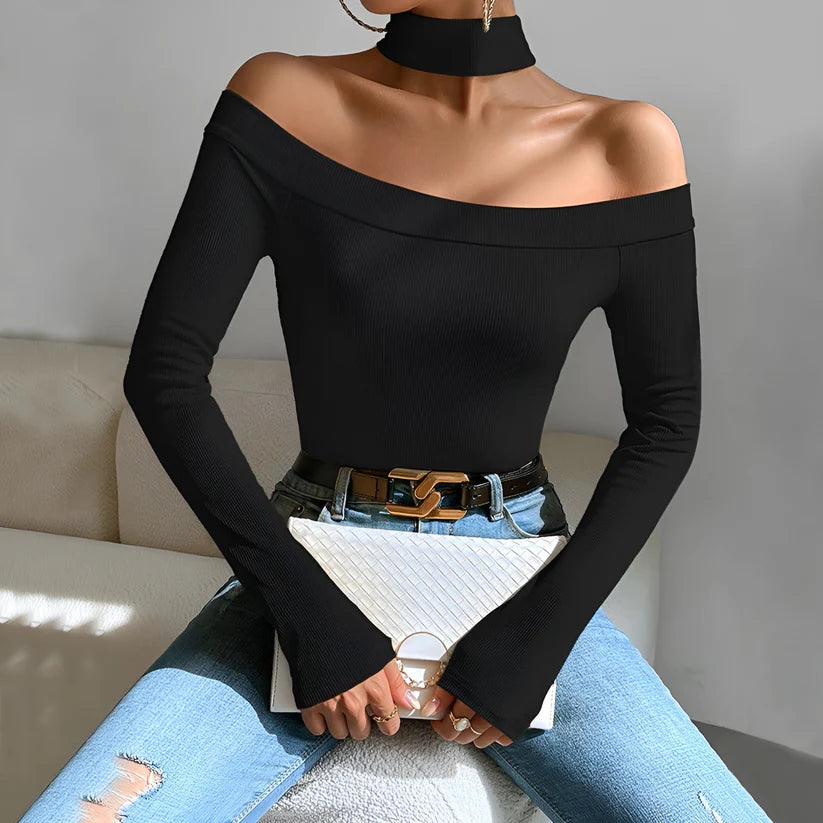 Model wearing Yui Top – slim structured knit top for cooler seasons by Vespera The Label.