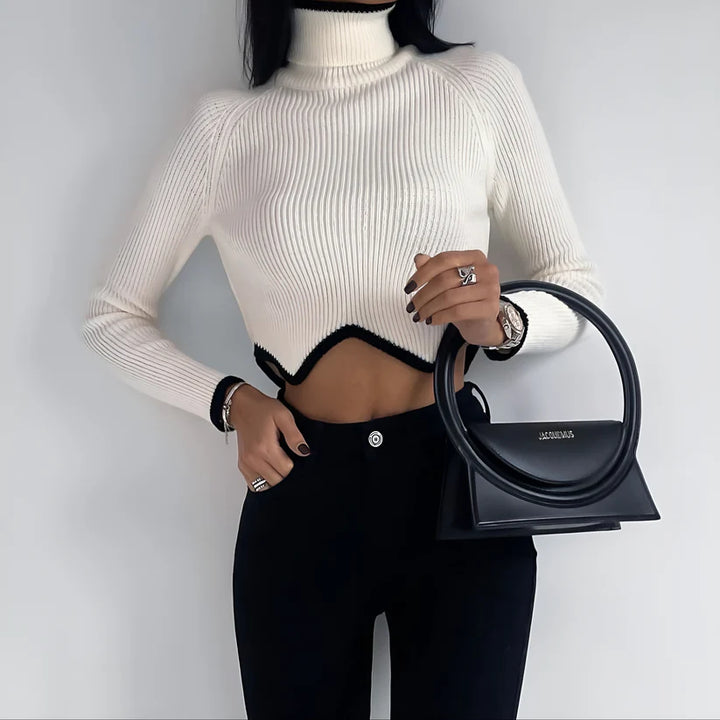 Model wearing Dhalia Long Sleeve Top – basic winter layering top in cozy synthetic fabric by Vespera  The Label.