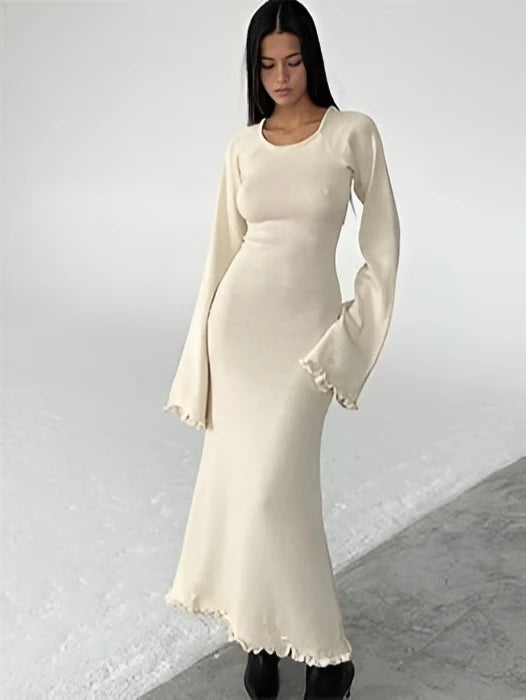Model wearing Evelyn Maxi Dress – slim street-style ankle-length sheath dress by Vespera The Label.