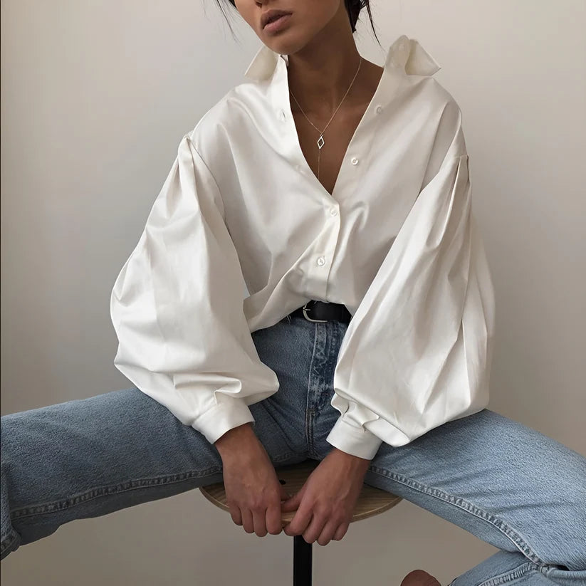 Model wearing Grayz Top – relaxed loose fit polyester blend casual top for summer by Vespera The Label.