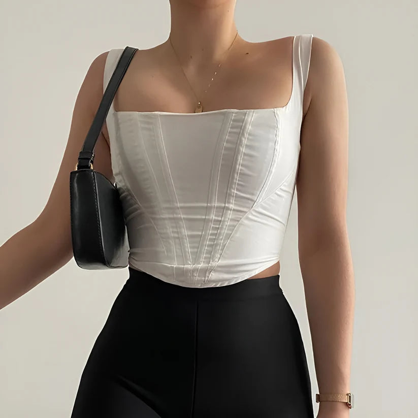 Model wearing Riley Top – slim streetwear summer crop top with medium stretch by Vespera The Label.