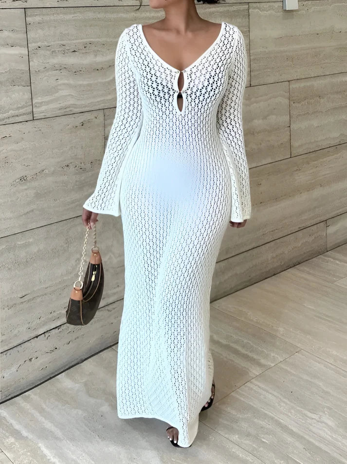 Model wearing Taliah Maxi Dress – patchwork high-stretch winter maxi with flowing silhouette by Vespera The Label.