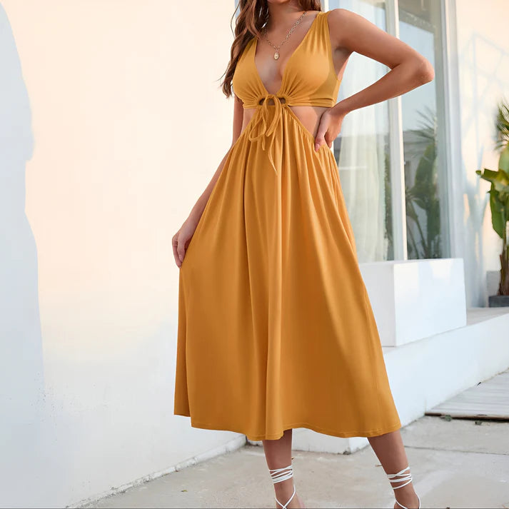 Model wearing Kattan Midi Dress – silk high-stretch beach mini dress with A-line cut by Vespera The Label.