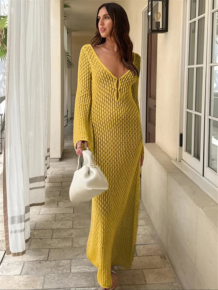 Model wearing Taliah Maxi Dress – patchwork high-stretch winter maxi with flowing silhouette by Vespera The Label.