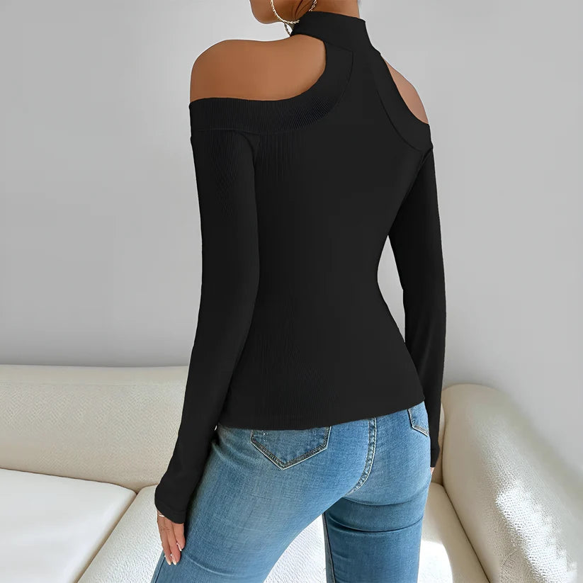 Model wearing Yui Top – slim structured knit top for cooler seasons by Vespera The Label.