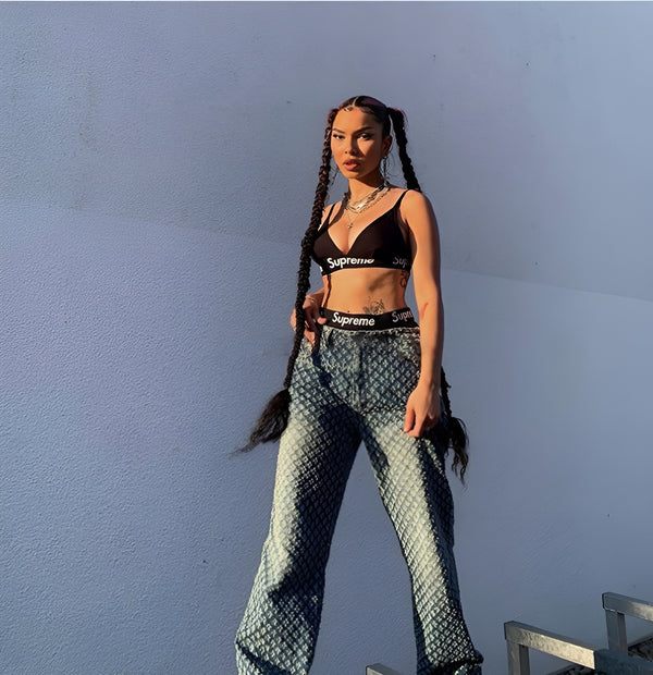 Model wearing Zilla Pants – full-length wide-leg cotton trousers with patchwork plaid detail, by Vespera  The Label