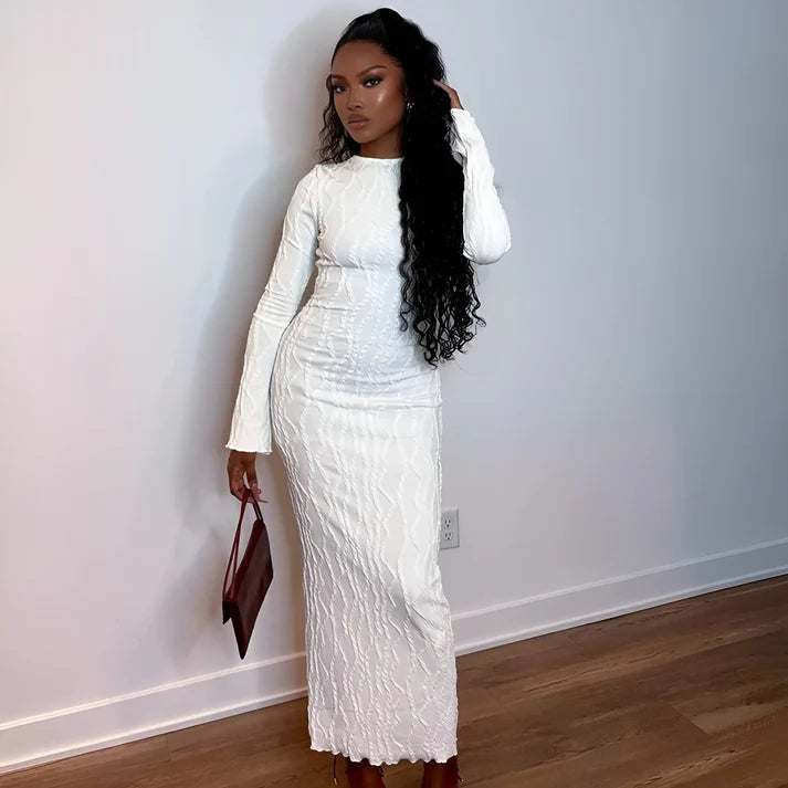 Model wearing Aleisha Maxi Dress – slim casual floor-length cotton-blend sheath by Vespera The Label.