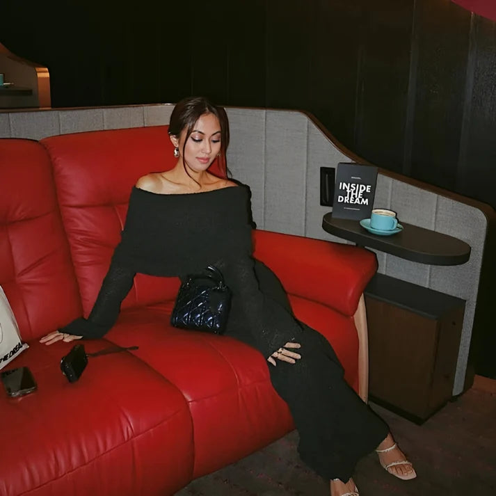 Model wearing Precilla Maxi Dress – relaxed fit minimalist maxi dress with high-stretch by Vespera The Label.