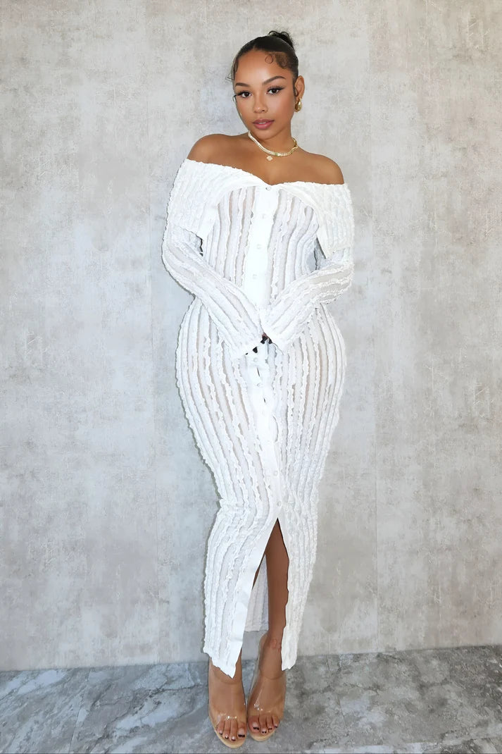 Model wearing Cassandra Maxi Dress – winter-ready high-stretch sheath dress for bold occasions by Vespera The Label.