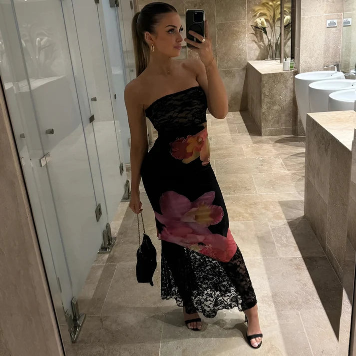 Model wearing Ishna Maxi Dress – fitted patchwork mermaid silhouette dress by Vespera The Label.