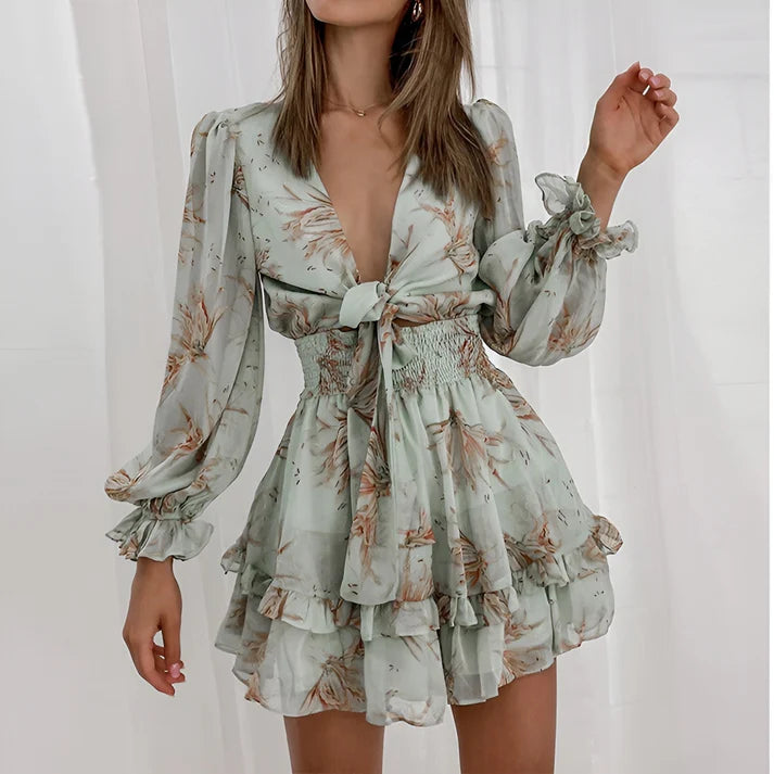Model wearing Maricon Mini Dress – printed A-line beach dress with high stretch and natural waist by Vespera The Label.