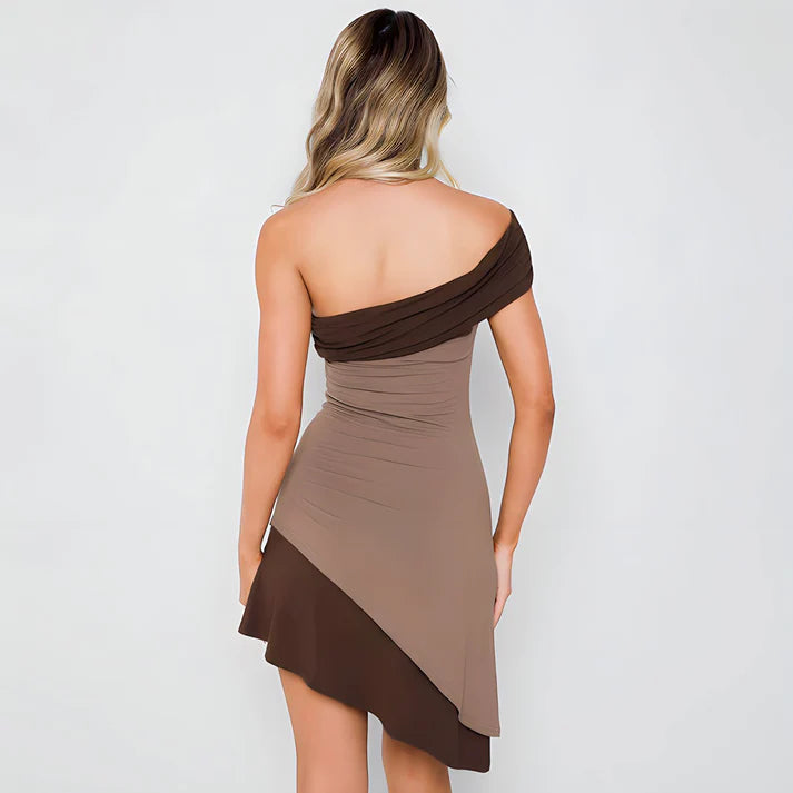 Linda Dress – bold asymmetrical dress with contrast styling and abstract silhouette by Vespera The Label.