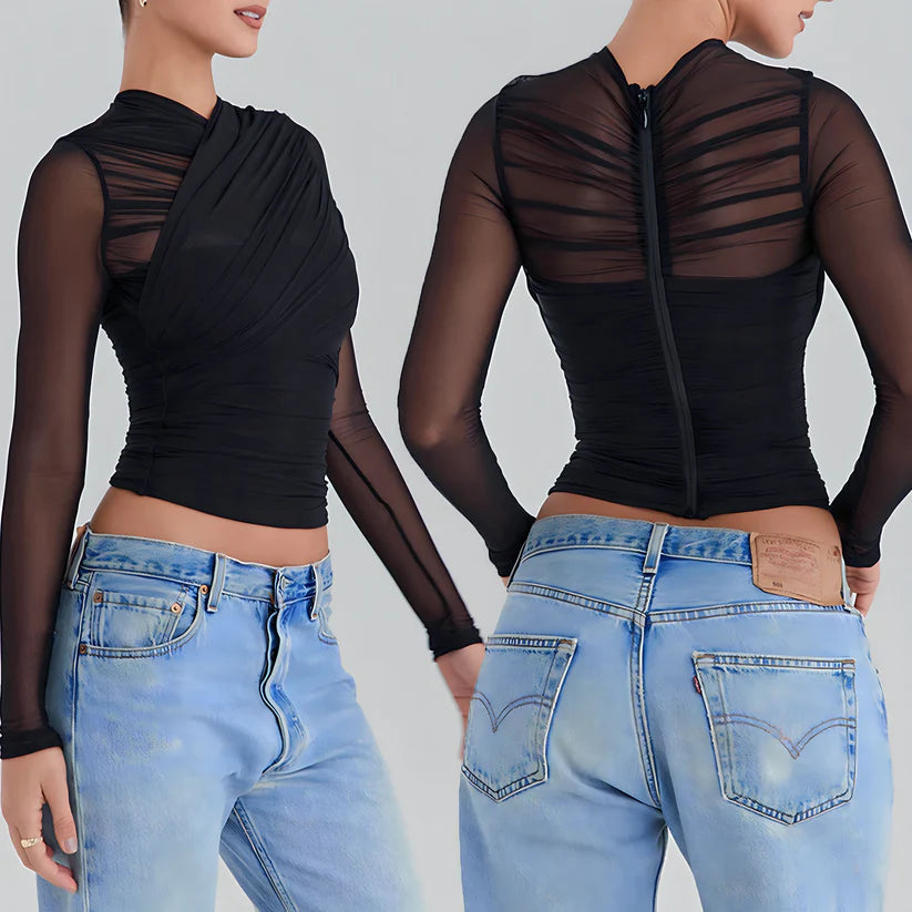 Model wearing Mia Top – fitted chiffon stretch crop for club styling by Vespera The Label.