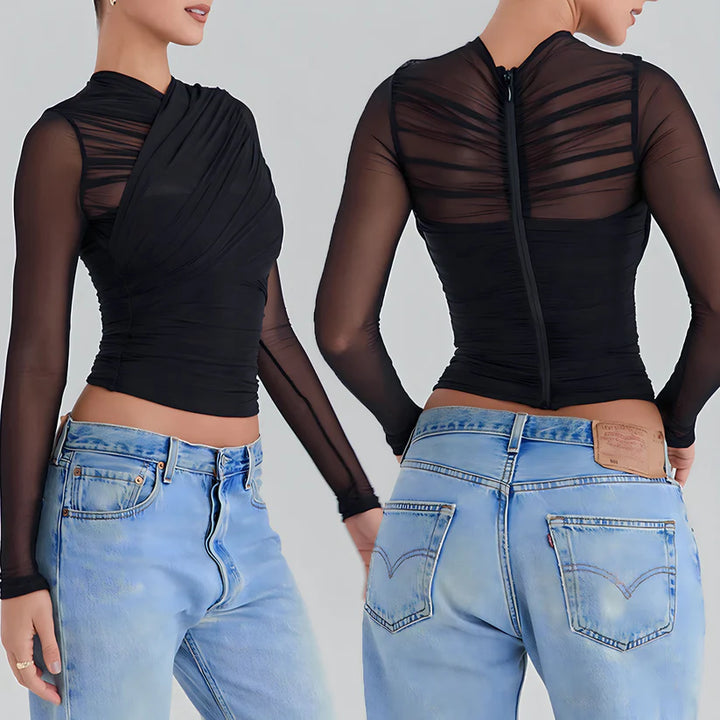 Model wearing Mia Top – fitted chiffon stretch crop for club styling by Vespera The Label.