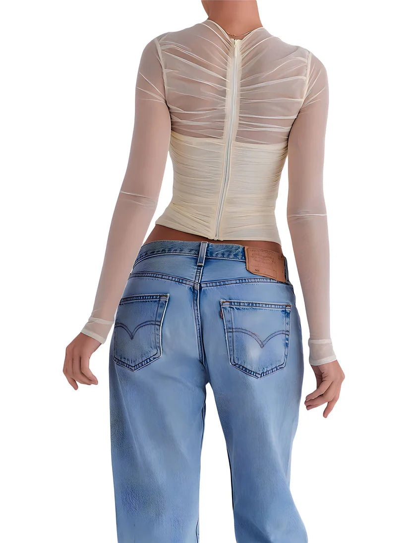 Model wearing Mia Top – fitted chiffon stretch crop for club styling by Vespera The Label.