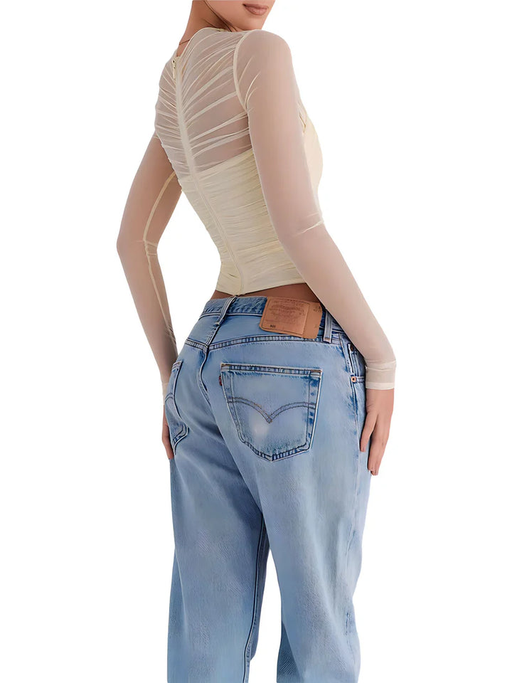 Model wearing Mia Top – fitted chiffon stretch crop for club styling by Vespera The Label.