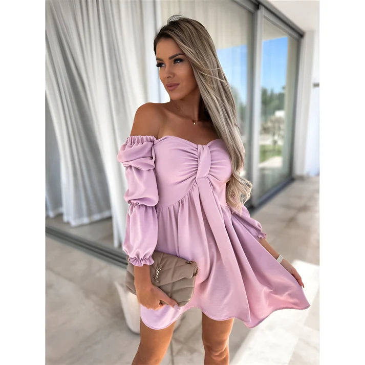 Model wearing Orara Mini Dress – flowy chiffon mini dress with empire waist for summer by Vespera The Label.