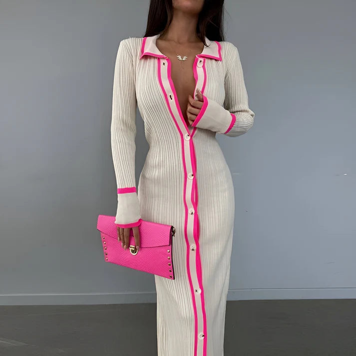 Model wearing Ariana Maxi Dress – patchwork knit office maxi dress with slim fit and structured stretch by Vespera The Label.