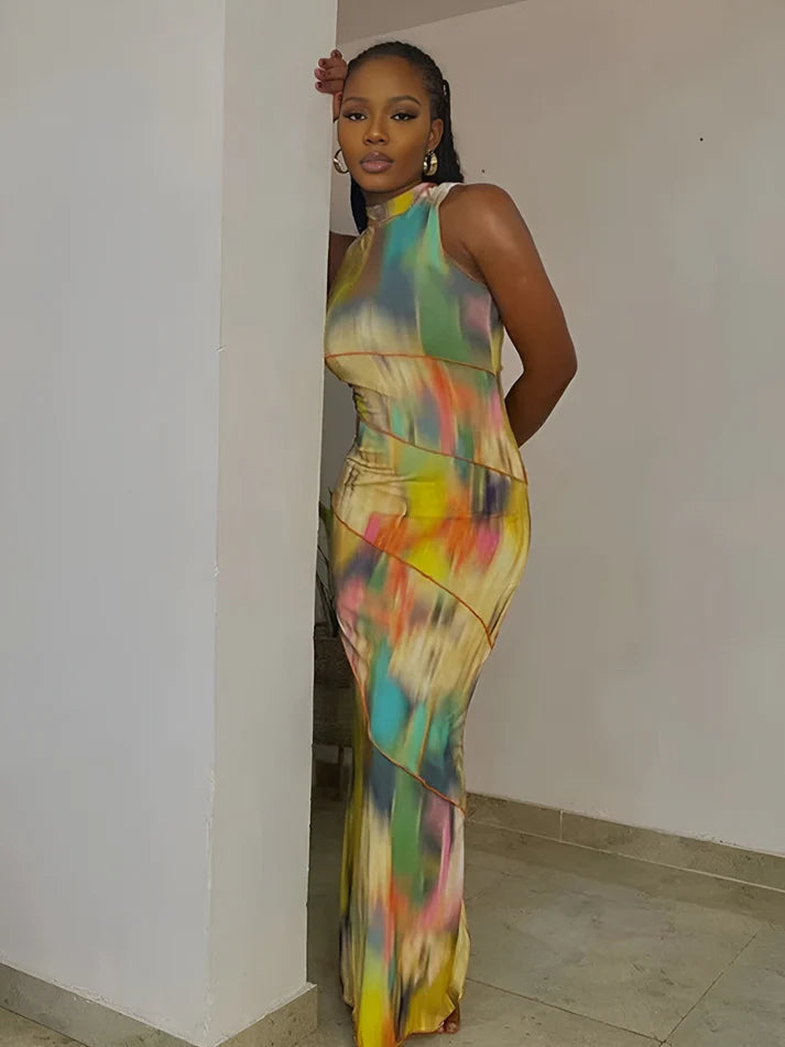 Model wearing Vespera Adrastea Maxi Dress – bold summer patchwork maxi dress with stretch fit by Vespera The Label.