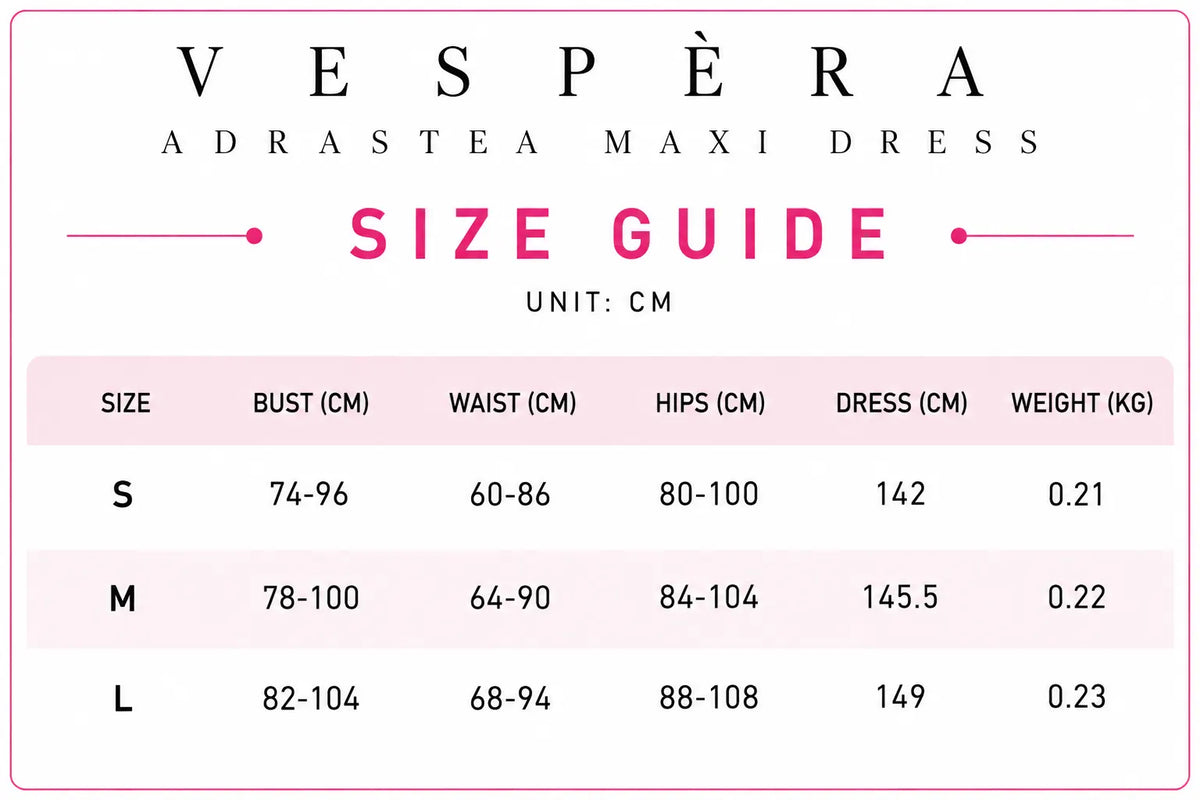 Vespera Adrastea Maxi Dress Size Guide