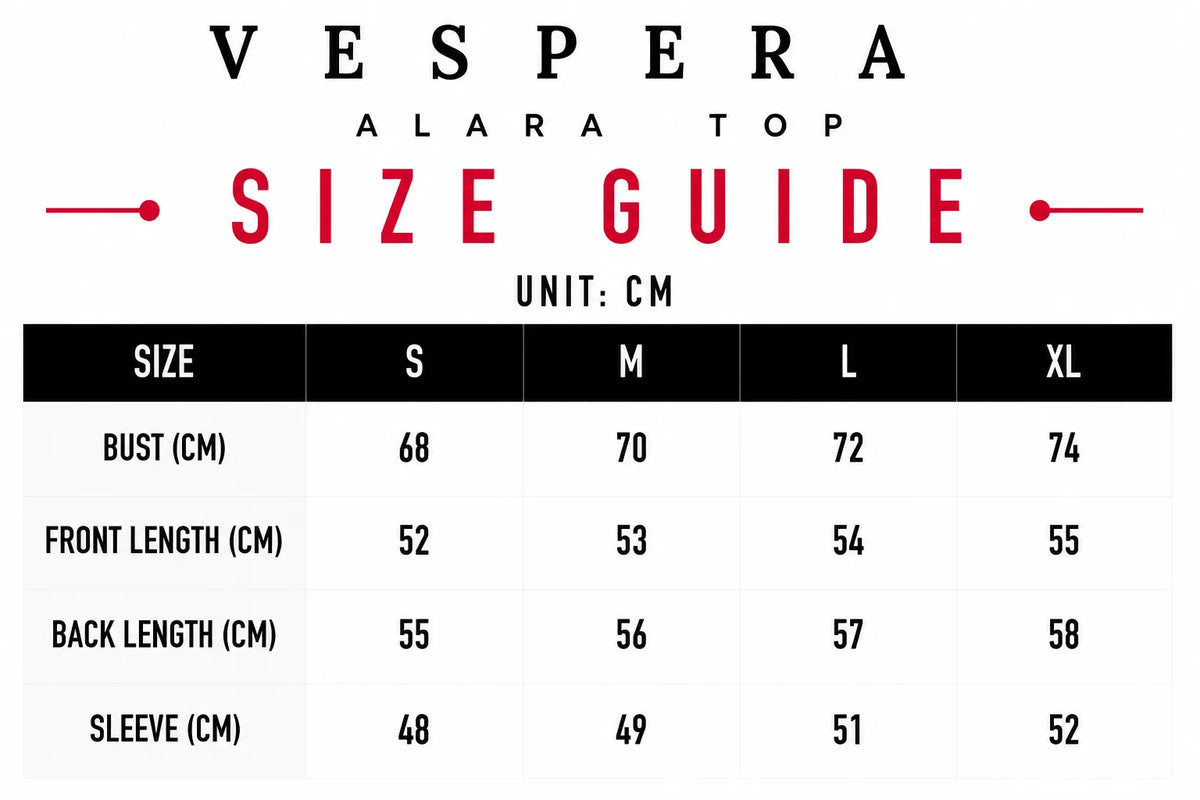 Vespera Alara Top Size Guide